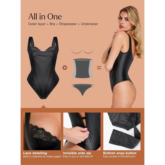 POPILUSH Shapewear Faux Leather Lace Balconette Sculpting Bodysuit 📦 - Picture 11 of 14